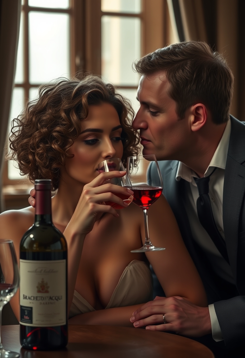 Photorealistic image, beautiful woman with short, curly hair. She is drinking a glass of red, sparkling wine. On a table behind her, a bottle of wine, red, with the label saying "Brachetto d'Acqui." A man, about 30 years old, short hair, very elegant, leaning over her shoulder, whispers in her ear in a dimly lit room, a window behind them. - Image