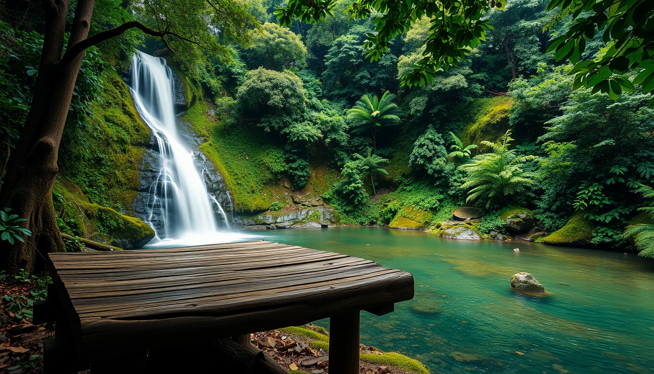 Wooden Platform With Waterfall Background in Lush Rainforest