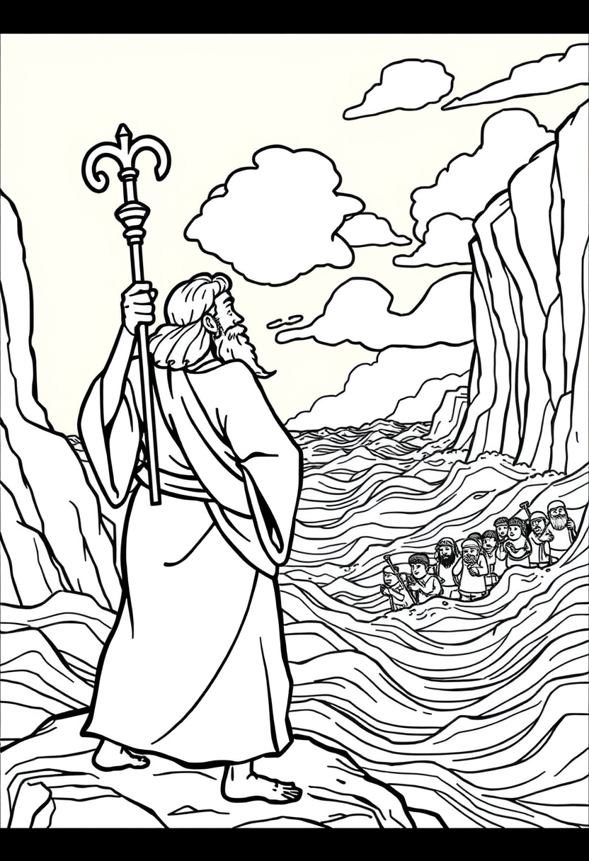 Depict Moses standing with his staff raised, as the Red Sea parts, with walls of water on either side and the Israelites crossing. a coloring book page, cartoon style, thick lines, low details, no shading.