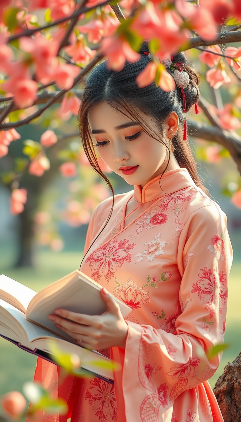 A Chinese beauty is reading a book under a tree.