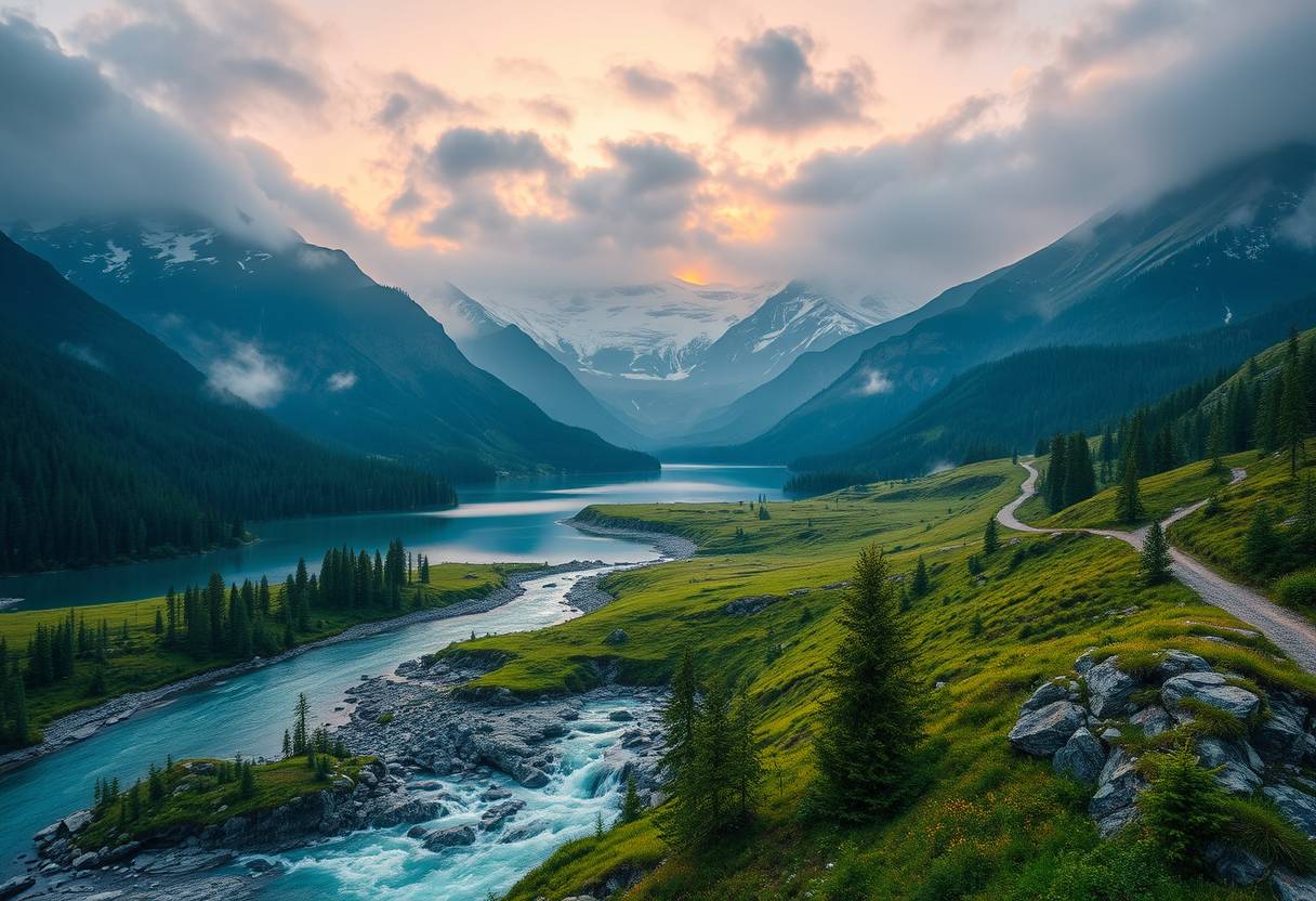 Majestic, snow-capped mountains, serene, high quality, photorealistic, alpine meadows, crystal-clear lakes, untouched wilderness, panoramic, breathtaking, nature's beauty, vibrant flowing rivers, cascading waterfalls, misty, foggy, dramatic, sunrise, sunset. - Image