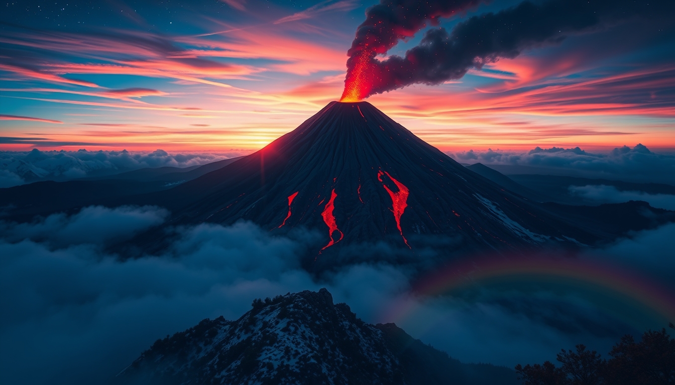 Volcano landscape image. Styled like an anime or game background. Blue sky, sunset, sunrise, night, fog, snow, rain, cloudiness, autumn leaves, rainbow.