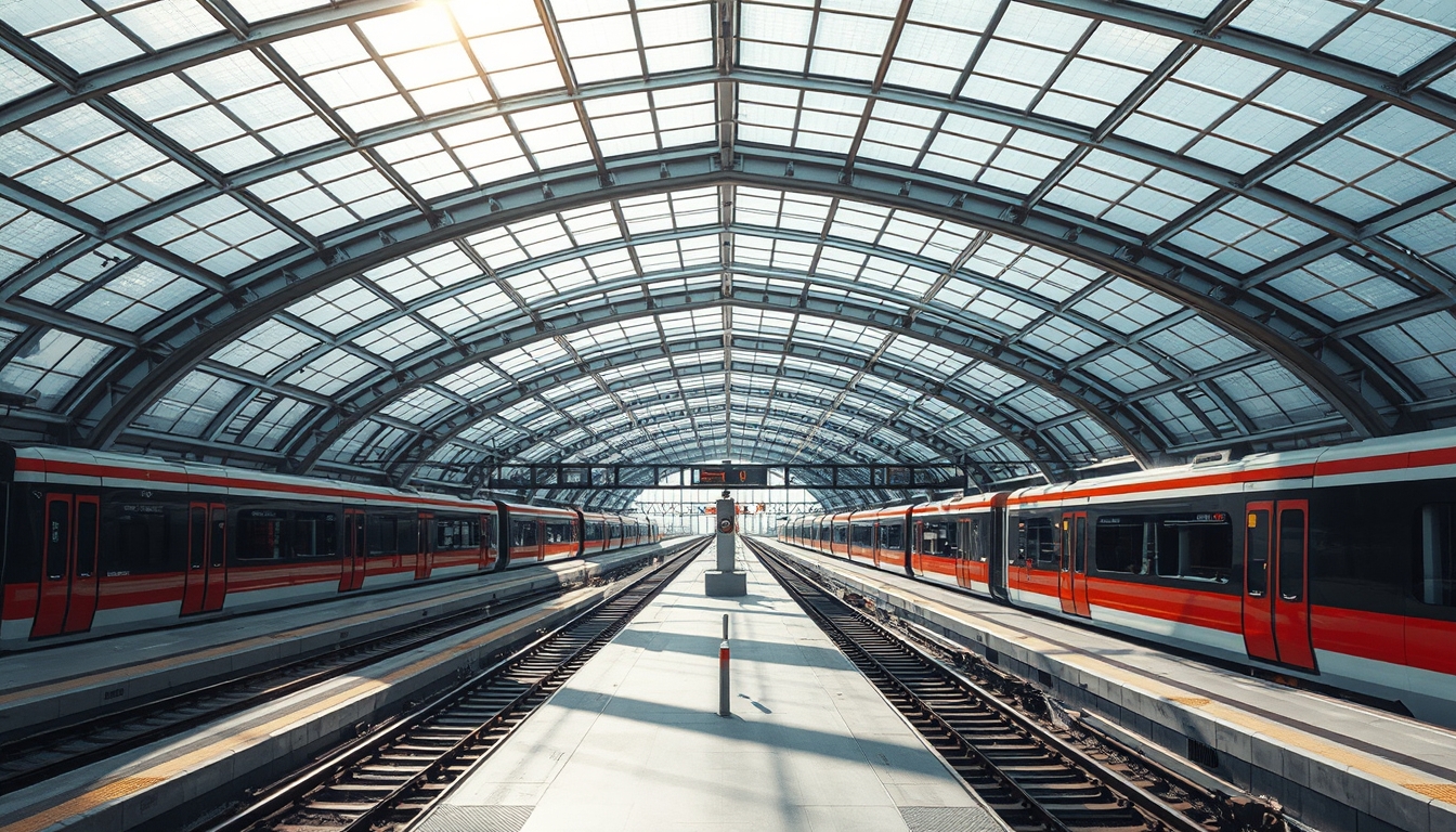 A futuristic train station with glass ceilings and walls, sunlight streaming in. - Image