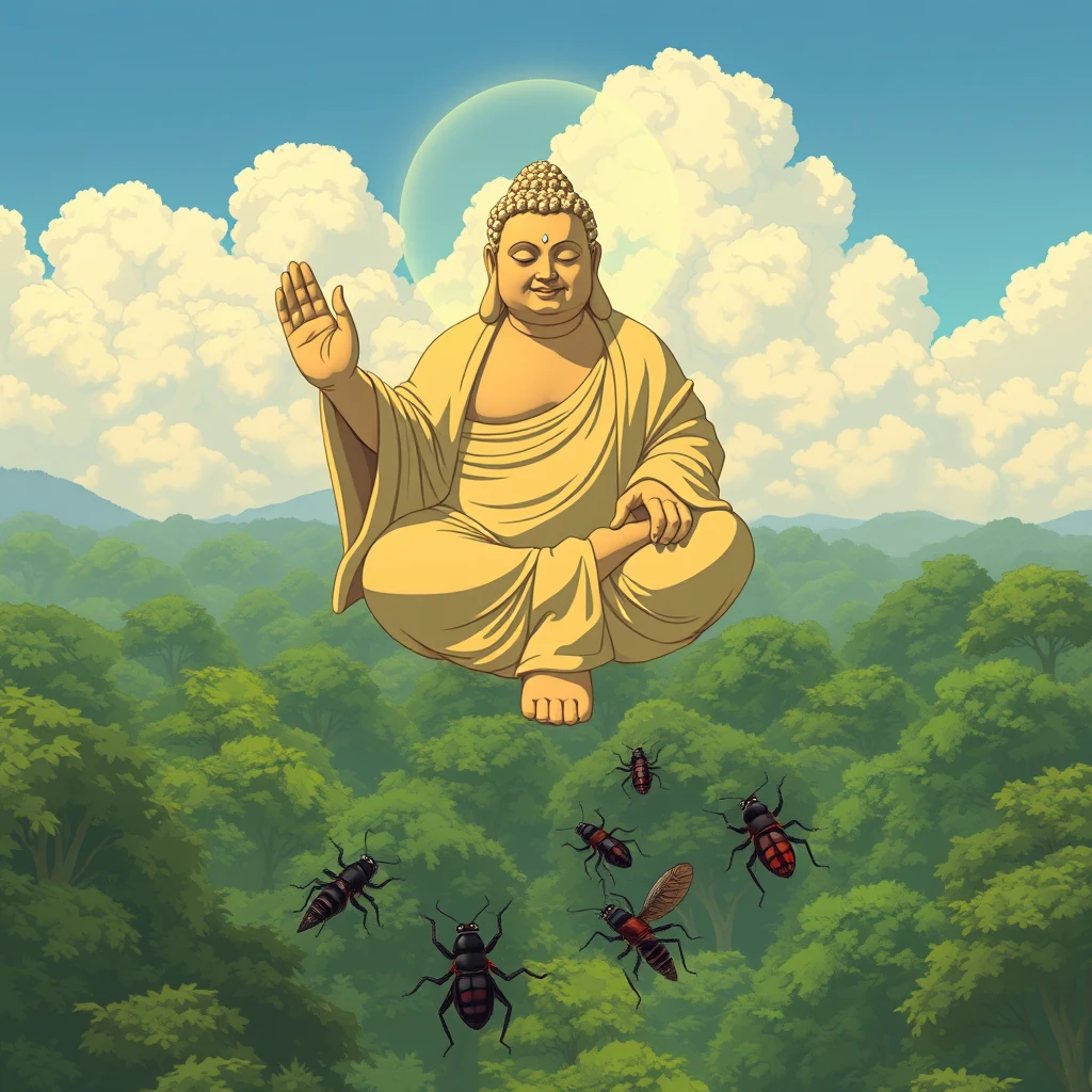 an image of Buddha, earth-touching mudra, in Studio Ghibli style, flying above an Indian forest, above a troop of various insects.