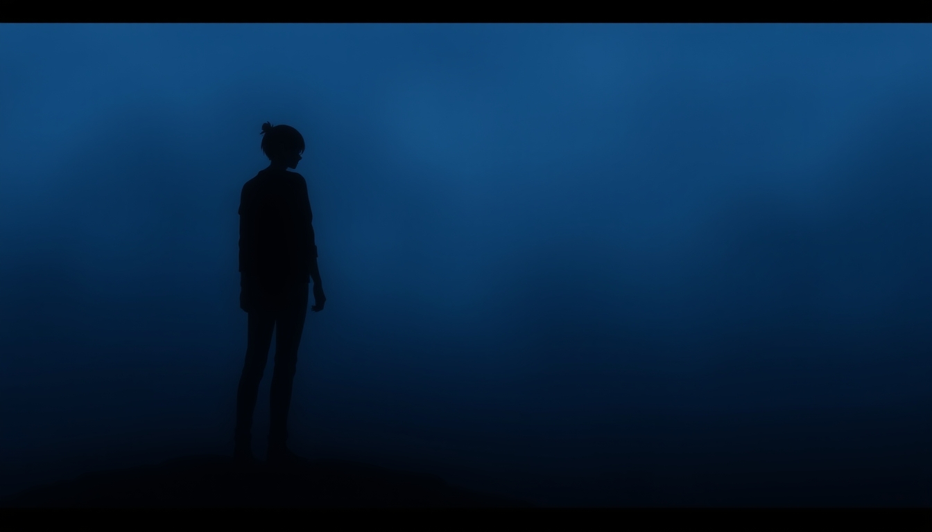 A silhouette of a person standing quietly in the fog. It conveys feelings of loneliness and longing, anime style. - Image