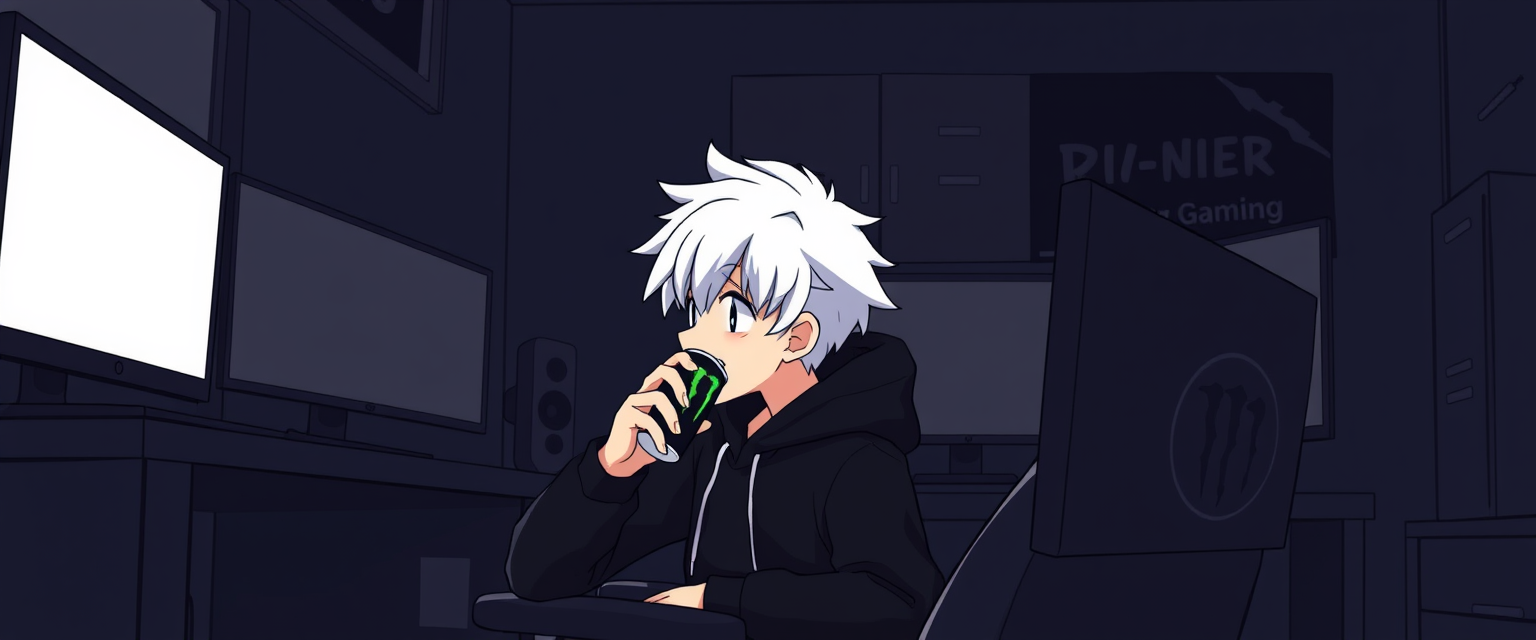 "Animated black gamer room with a boy with white hair and a black hoodie sitting in a gamer chair while drinking a Monster energy and looking at his 2 monitors with the screen off."