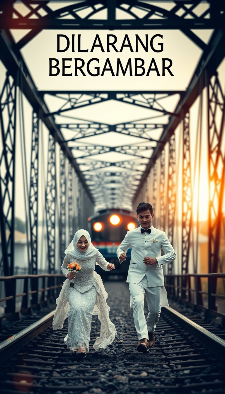 A captivating and surreal photograph of a couple adorned in traditional Malay white wedding attire. The bride dons a stunning "pengantin" outfit, while the groom stands tall and confident. They are seen racing towards a mysterious and ominous black metal bridge. The bridge symbolizes their passage into a new chapter of their lives together. The Malay text "DILARANG BERGAMBAR" hangs above them, adding an enigmatic touch. The dramatic scene is further intensified by a bokeh background and the TRAIN IS COMING. This image masterfully blends love, adventure, and suspense, creating a unique fusion of emotions. TRAIN ON BACKGROUND, GOLDEN HOUR. - Image