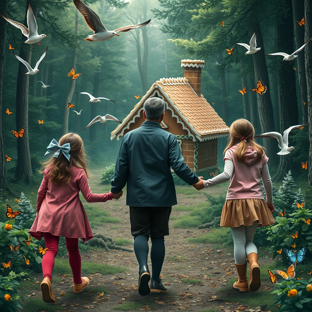 Three girls about ten years old in leggings, dragging a man to a gingerbread house in the forest. Photo from the back. Lots of butterflies and seagulls. - Image