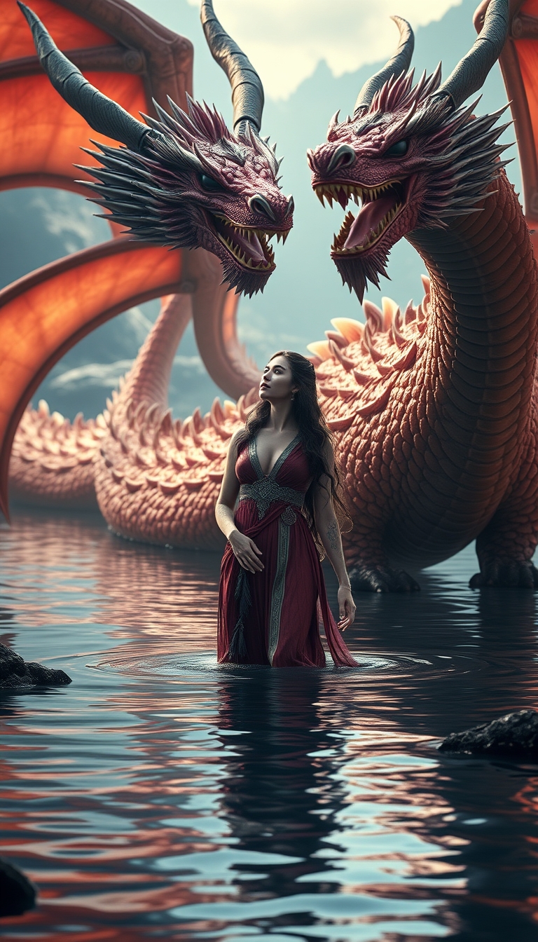 A gorgeous woman is standing in the water next to a dragon, in the style of fantasy scenes, realistic detail, Theo Prins, Magewave, Ferrania P30, Evgeni Gordiets, Kuang Hong, 8K sharp focus, photorealism, highly detailed.