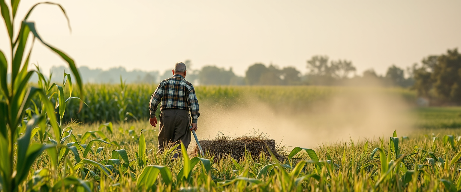 realistic image of farmers cutting corn, pleasant green tones