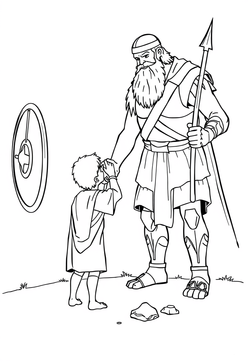 Coloring book page. Black and white sketch of David vs. Goliath: David as a small figure holding a sling, facing a much larger figure representing Goliath. Goliath should have simple armor and a spear. Include a few rocks on the ground near David. Line art vector style, white background, black and white drawing, sharp black lines. - Image