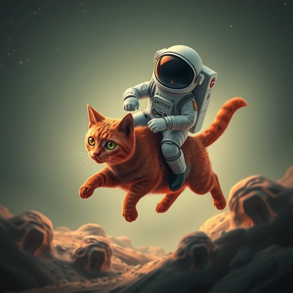 an astronaut riding a red cat, realistic