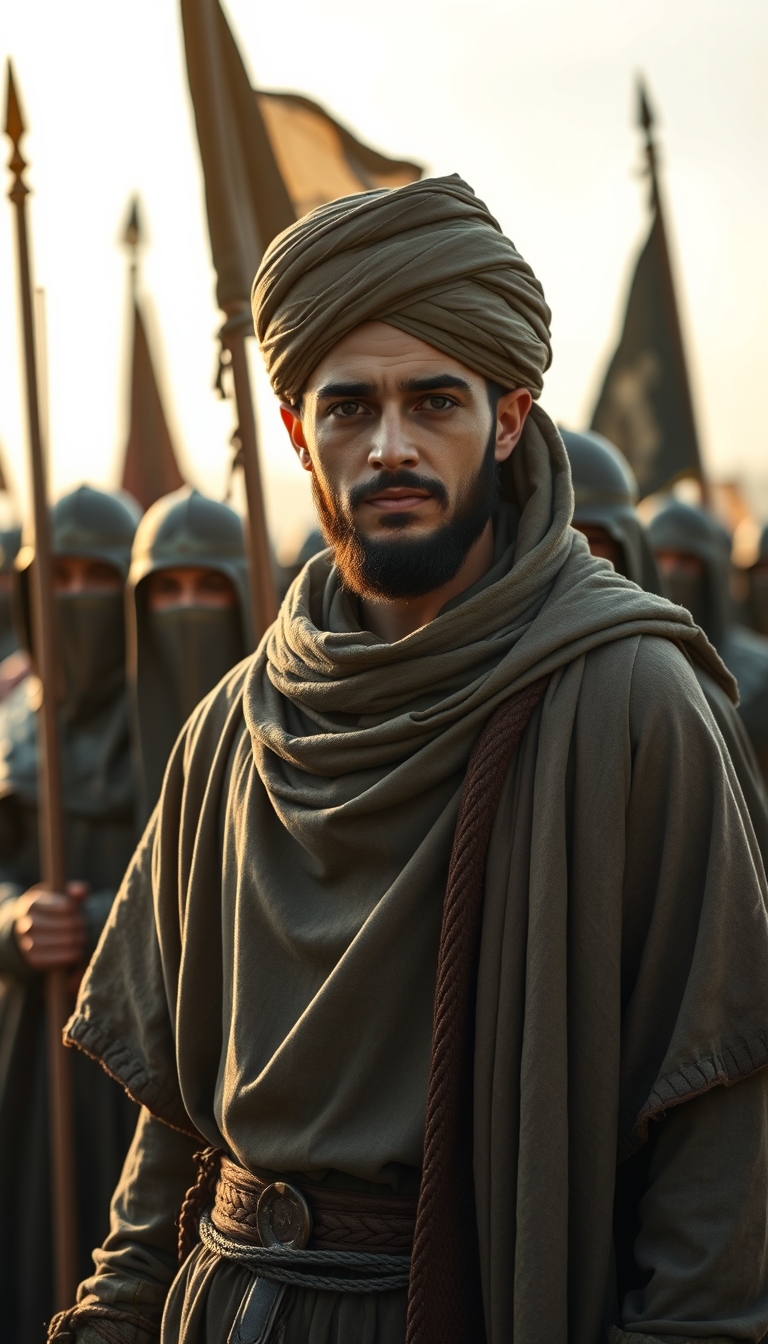 Full-view photoreal portrait of a young Muslim commander wearing a modest biblical cloak and turban, standing behind great Muslim warriors with a leader's expression. The medieval Muslim warriors are wearing veils and holding black banners, guarding him in open land. The theme is "the conquest of Jerusalem has come," powerful, with movie graphics, ambient lighting, dreamy glow, form lighting, photography, photorealistic, cinematic, alpha. - Image