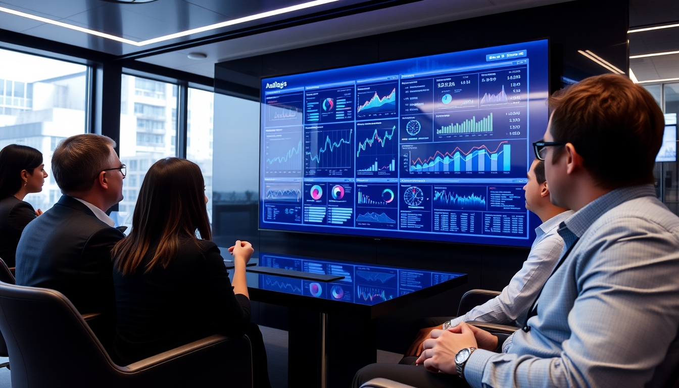 A sleek, modern office with a large digital screen displaying data analytics, surrounded by professionals engaged in discussion.