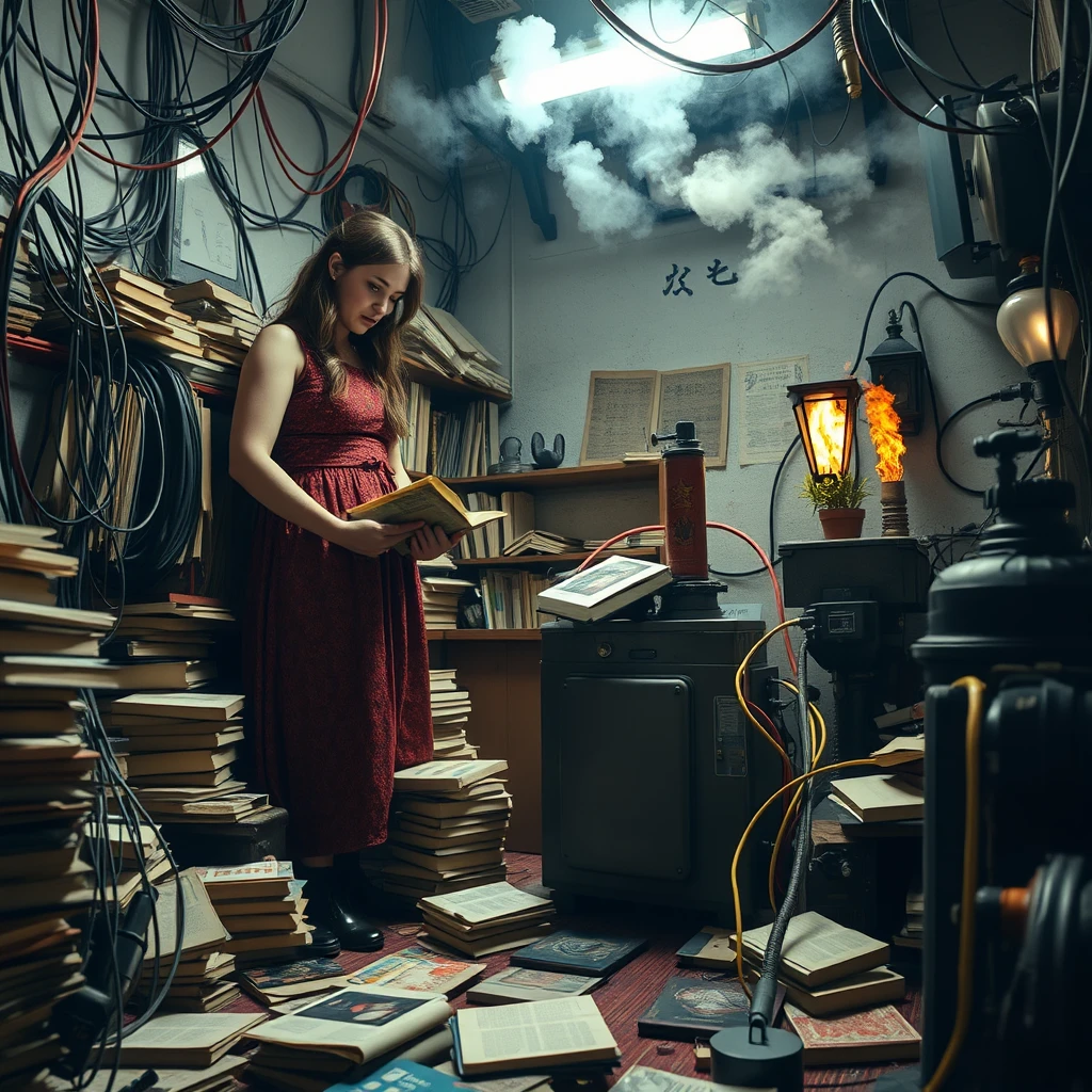 A real-life photograph, wide shot, of a tall strong woman and a girl reading books in the corner of a room. The room has some books scattered messily, and many wires of varying thicknesses are on the floor and in the air, including red, blue, yellow, and other colors. Additionally, there are some machines emitting steam and fire. The lighting is dim, and there are some plants. There are Chinese letters or Japanese letters.