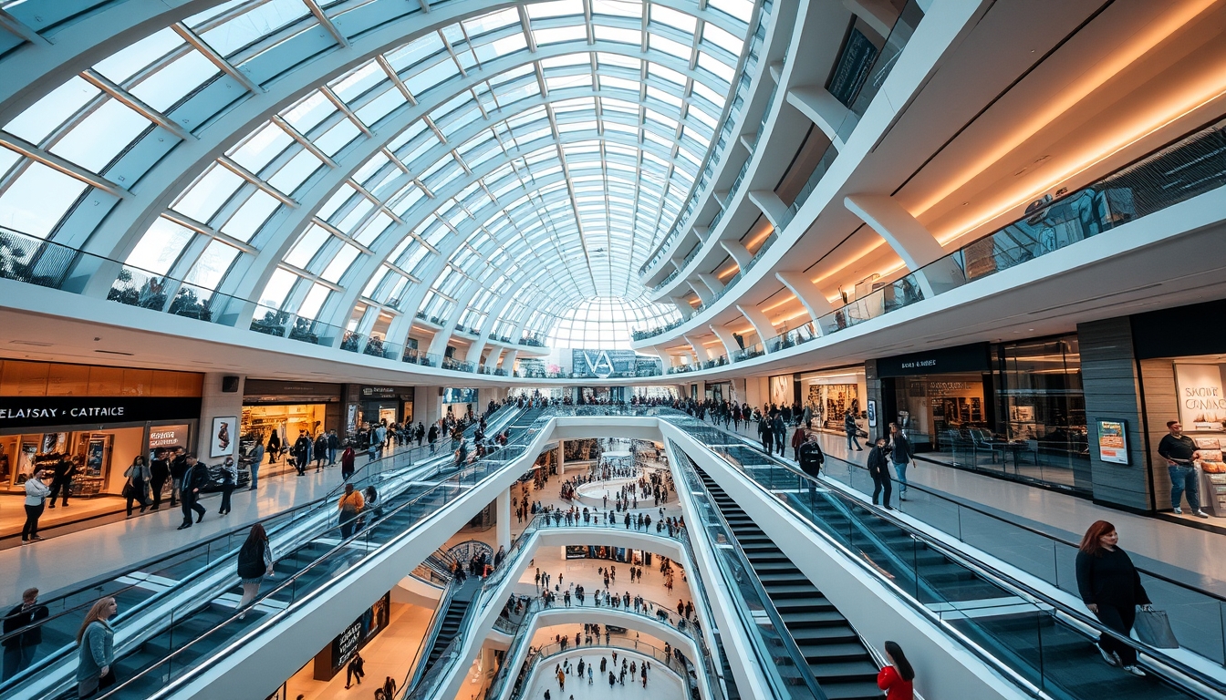 A futuristic shopping mall with glass ceilings and escalators, filled with shoppers.