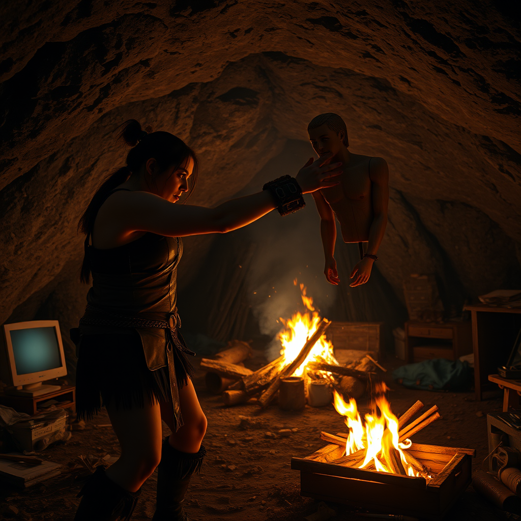 Real-life photography: At night, in the cave, there is a female barbarian punching a wooden dummy. The cave is very large, with a bonfire, a 90s desktop computer, and some messy household items. - Image