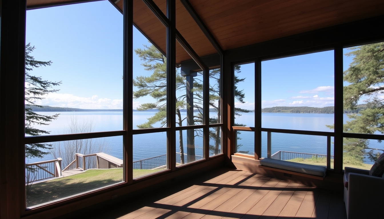 A serene lakeside cabin with a glass front, offering an unobstructed view of the water.