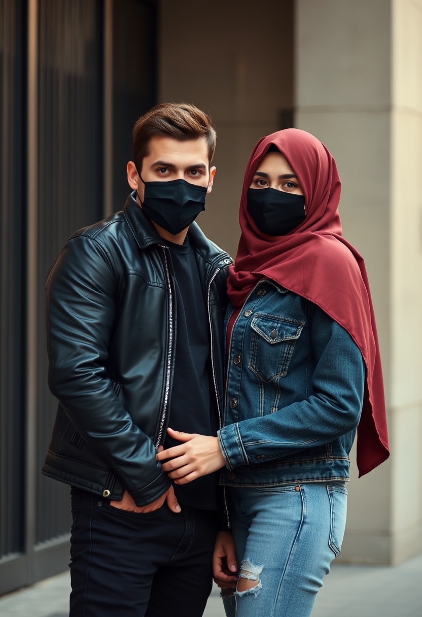 Jamie Dornan, handsome, black face mask, black leather jacket, jeans, dating, love couple with the biggest hijab Muslim girl, beautiful eyes, black face mask, denim jacket, biggest, hyper-realistic, street photography. - Image