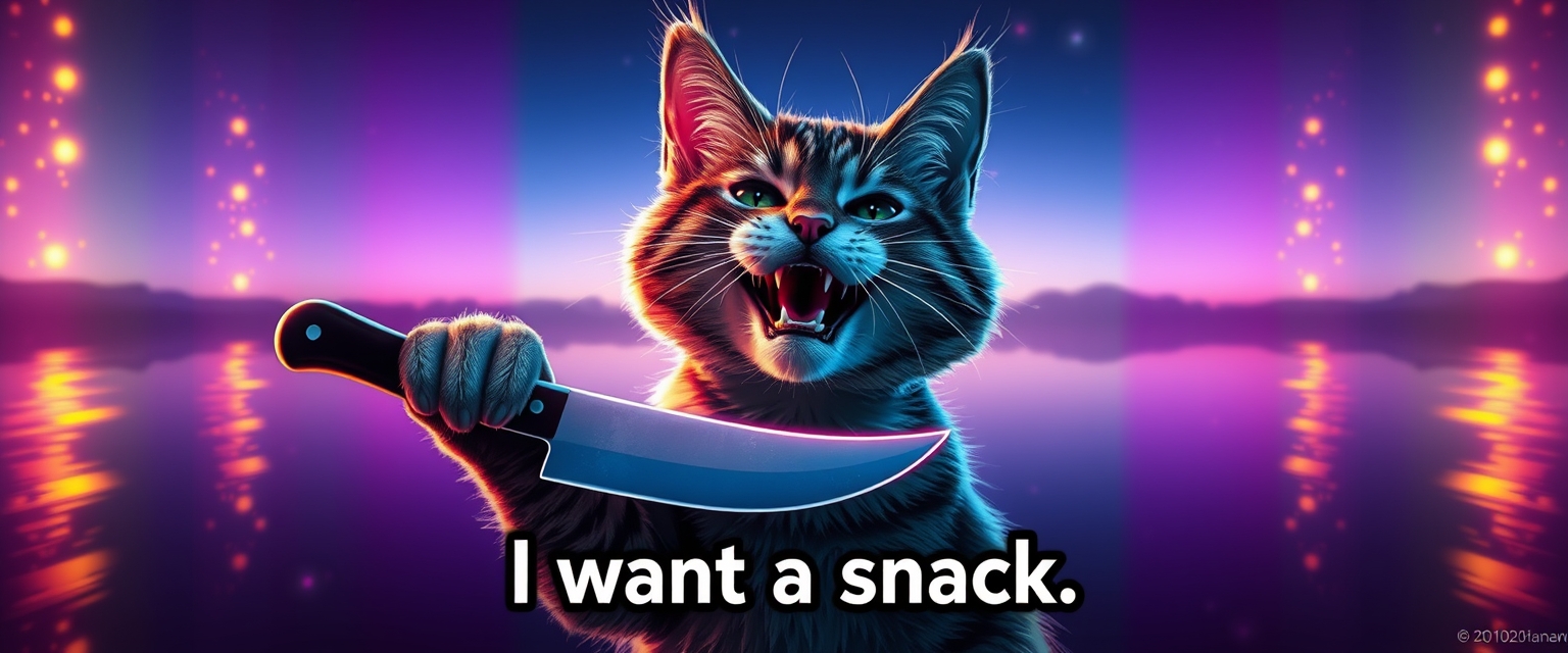 THE MEME message "I want a snack", action-packed grin smile cat with knife in hand, reflecting in glowneon edge, glowing, sparks horizon, detailed mirroring horizon reflecting polychromic space, straight lines, winning award digital art, high detailed. - Image