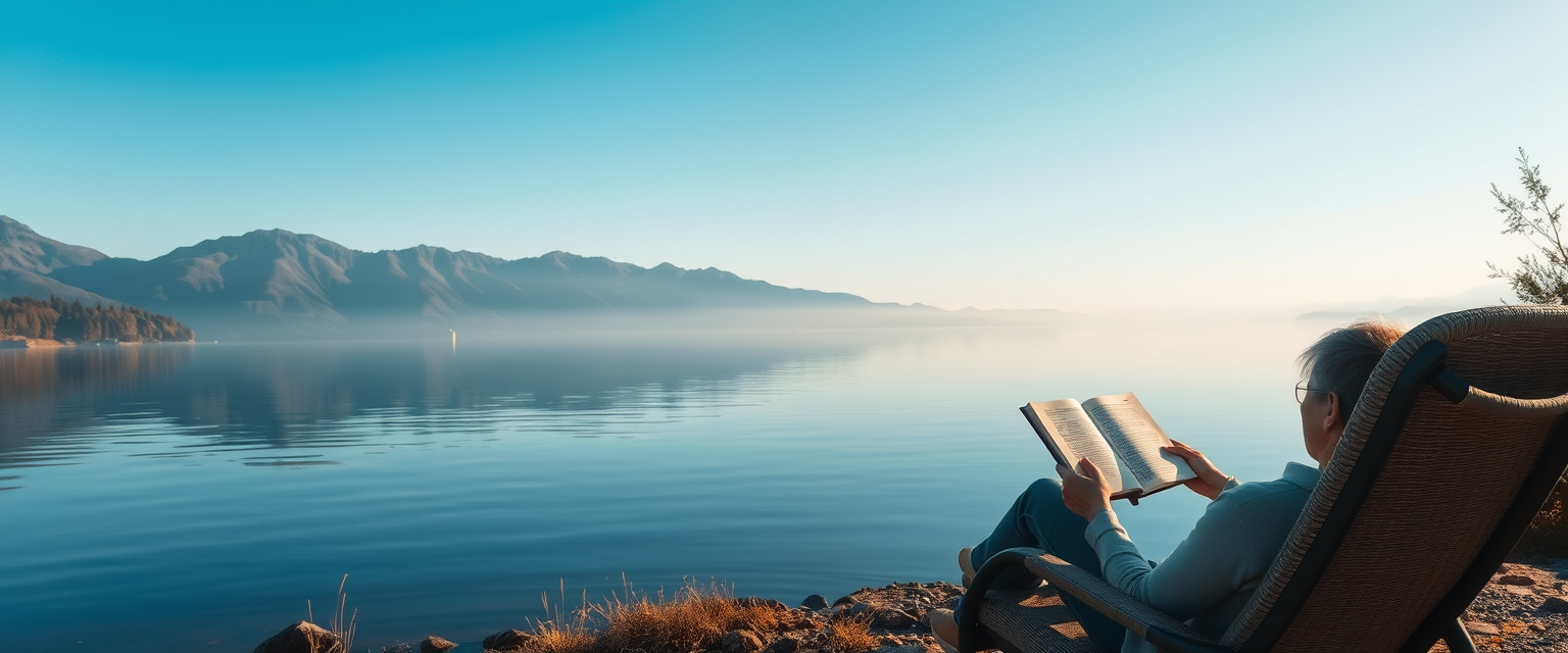 A serene lakeside retreat with a person reading a book on a comfortable chair, peaceful water reflections, and distant mountains. The setting conveys tranquility and freedom. Created Using: natural style, serene lighting, soft reflections. - Image