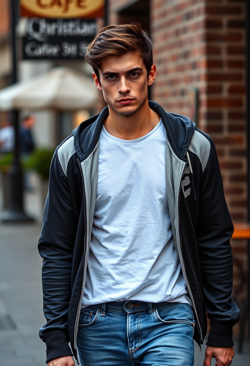 Christian Grey head and body shot, handsome young, dark brown-haired, serious face, white T-shirt, college jacket, skinny jeans, sneakers, walking hot style, near cafe, hyper realistic, street photography, brick wall, full body photo, morning scenery. - Image