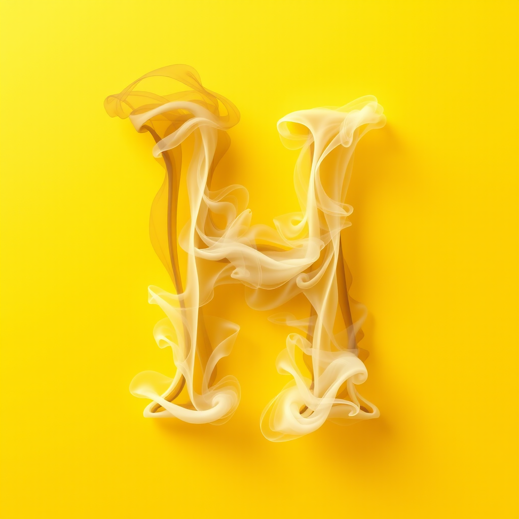 A letter "H" made of smoke, yellow background, realistic photograph.