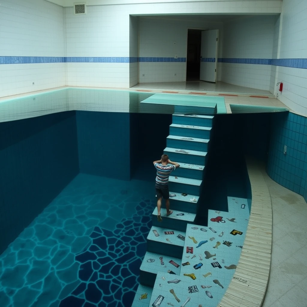 There is a strange swimming pool with steps extending from the second floor down to the pool and to the bottom of the water, where a boy is walking up the steps underwater.