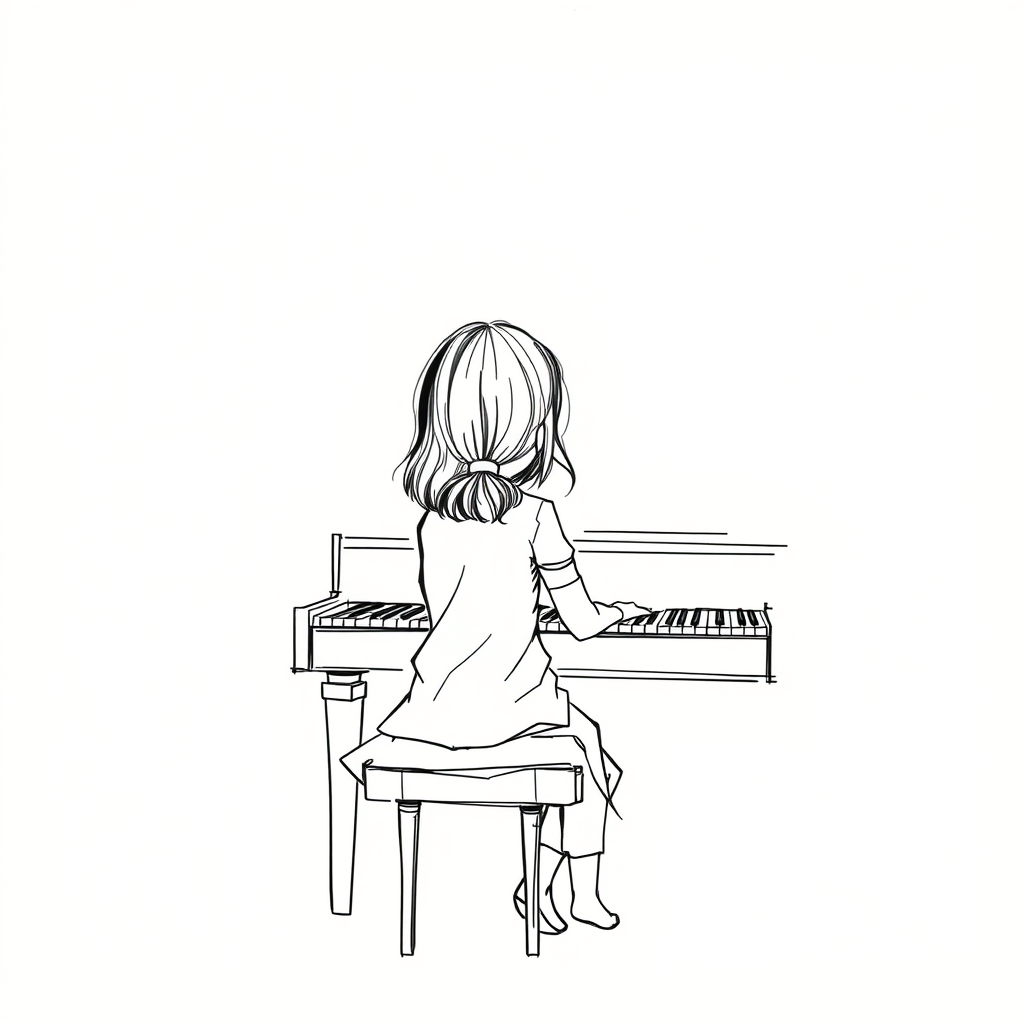 Generate a sketch of a girl playing the piano seen from behind.