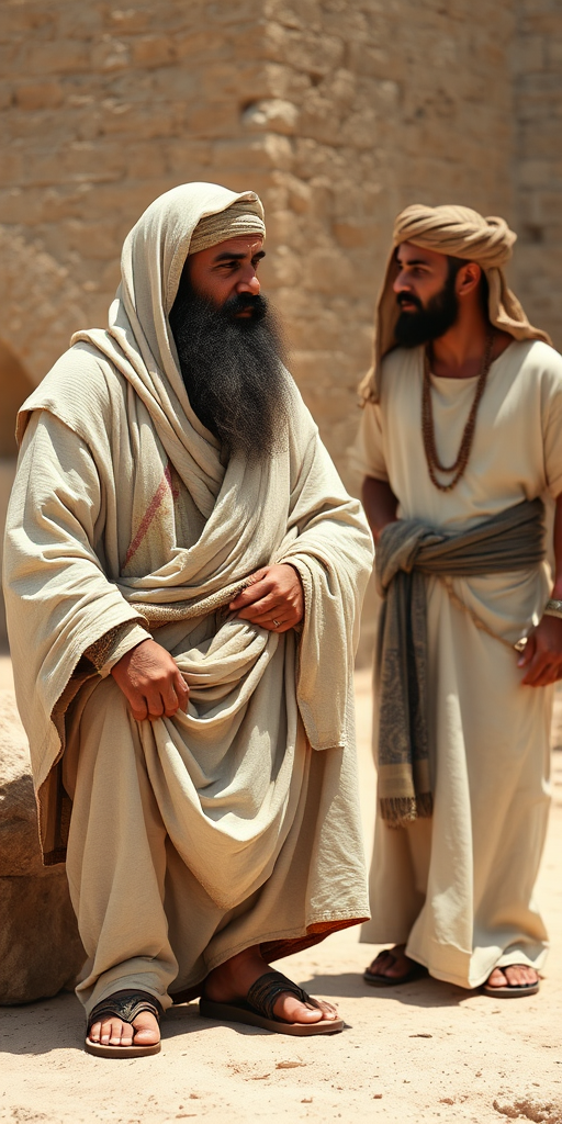 An ancient Arabian man with white skin, a black beard talking to his friend, wearing ancient sandals.