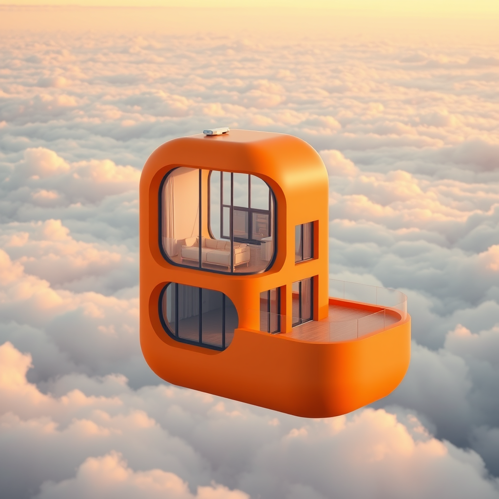 new small apartment, orange color, literally flying on top of realistic clouds, the idea is to convey the apartment is flying over the clouds, curved architecture, glass walls, external view of flying in the sky