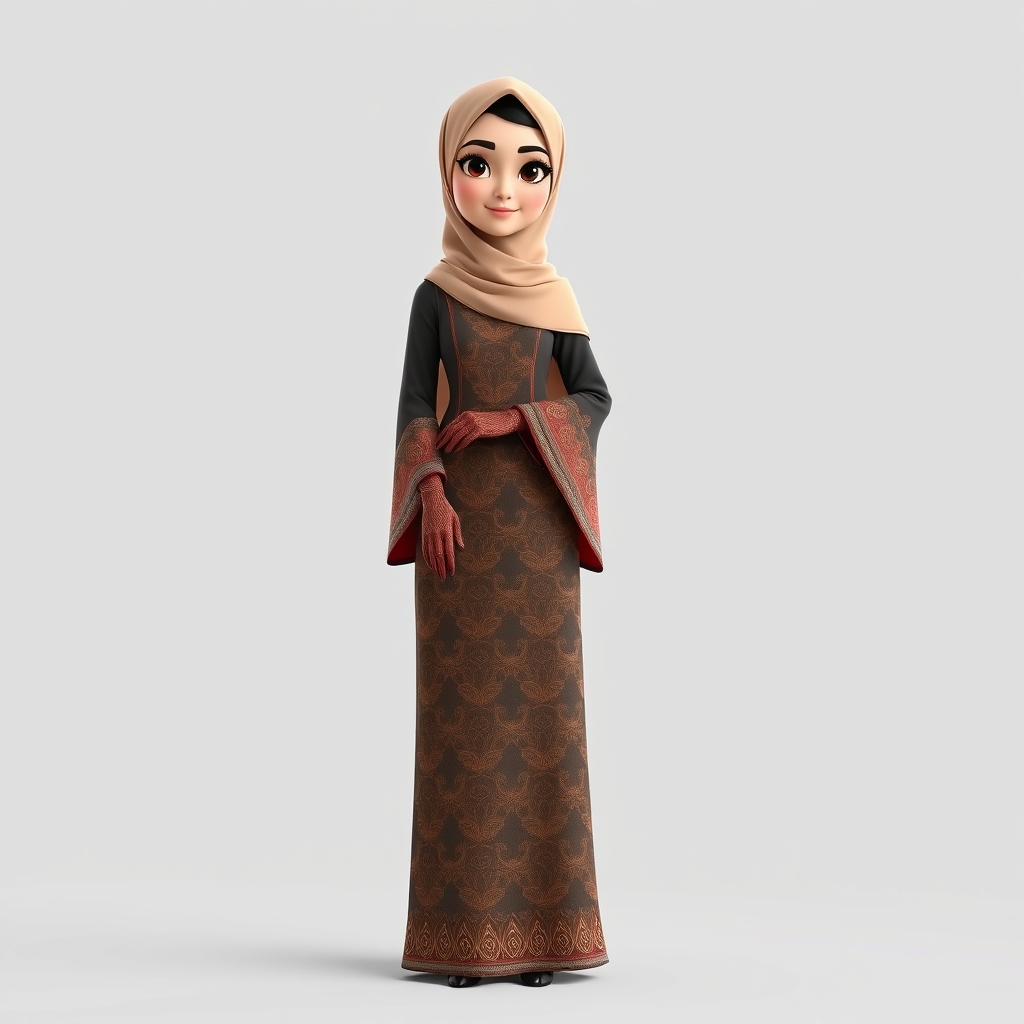 Create a 3D, 8K animated cartoon of a Muslim woman from Palembang wearing a long traditional songket dress. She should have her hands covered with batik gloves. The image should capture the elegance and cultural richness of the attire.