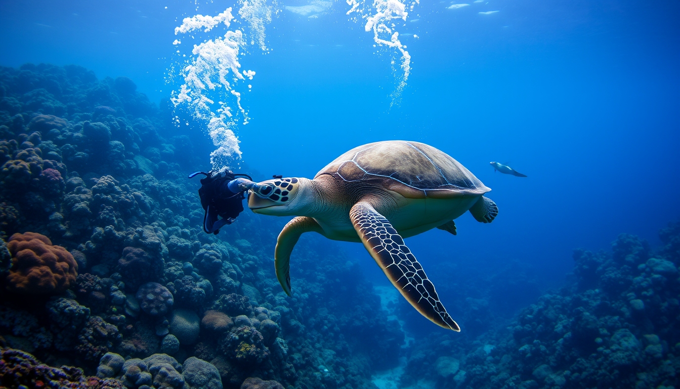 A powerful underwater shot of a diver swimming alongside a majestic sea turtle, with vibrant coral reefs in the background. - Image