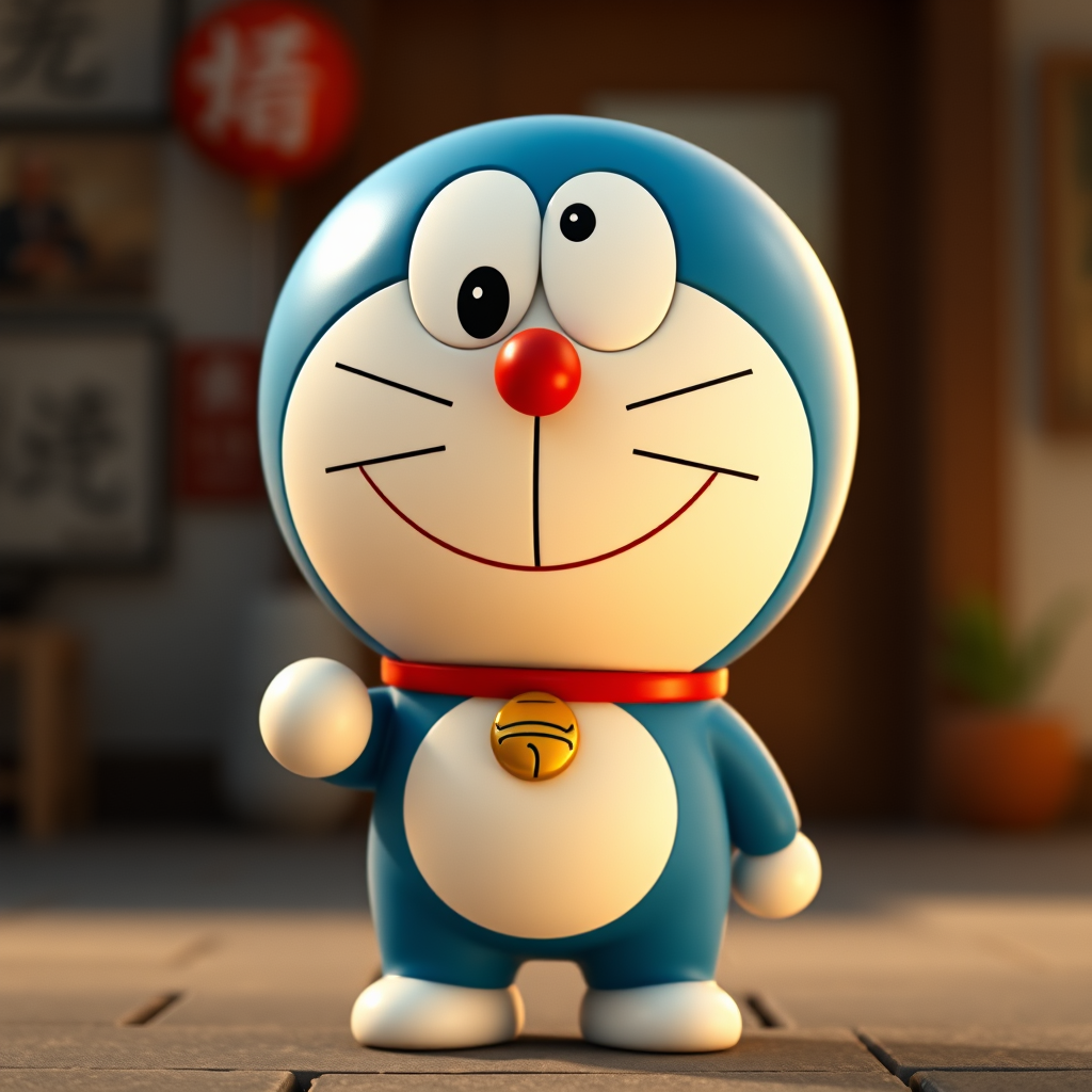 standing Doraemon, Pixar style, cute and expressive, 3D, hyper-realistic camera style, lifelike details, high-resolution texture, vivid colors, sharp focus, natural lighting, photorealistic quality, cinematic depth of field, true-to-life portrayal