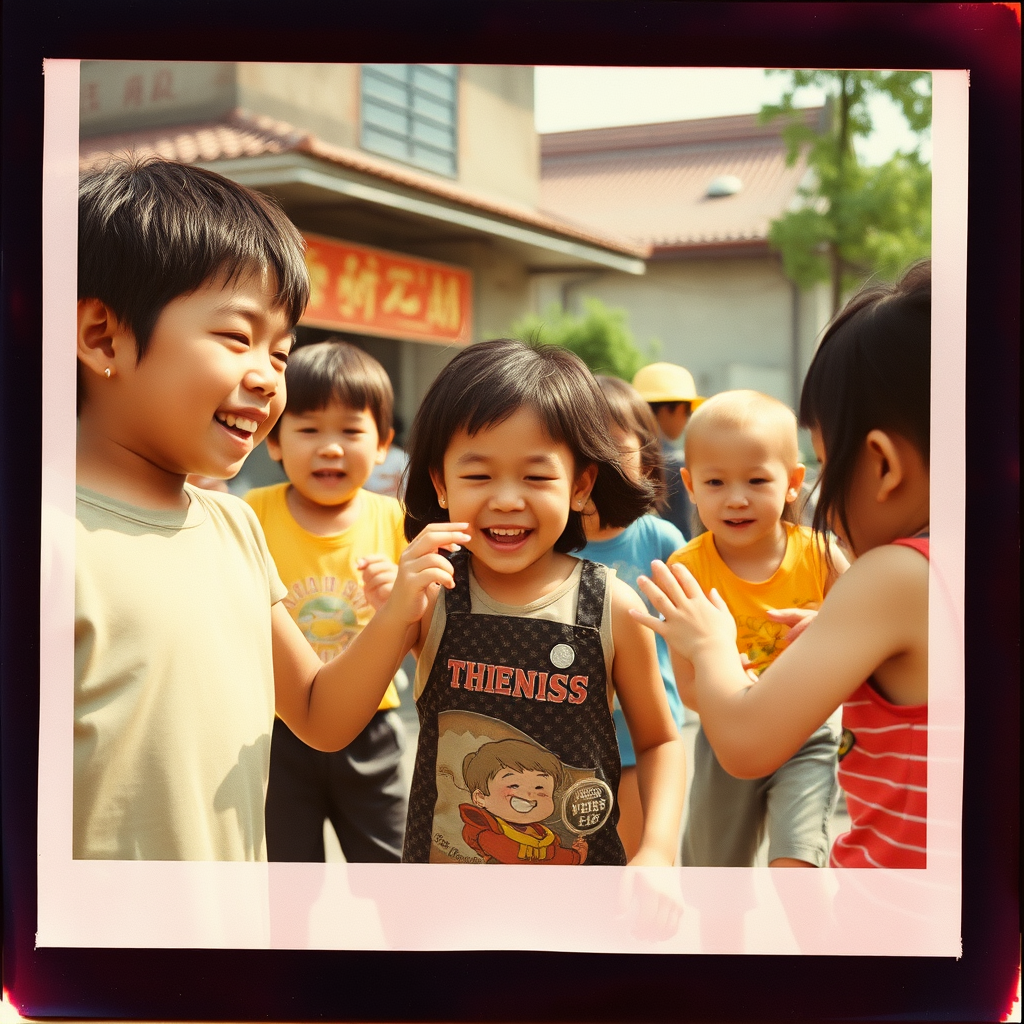 China in the 1980s. Children playing multiplayer jumping games. Summer. Ultra-detailed portrait. Grainy film with light leaks. Polaroid photo with slightly peeling edges. - Image