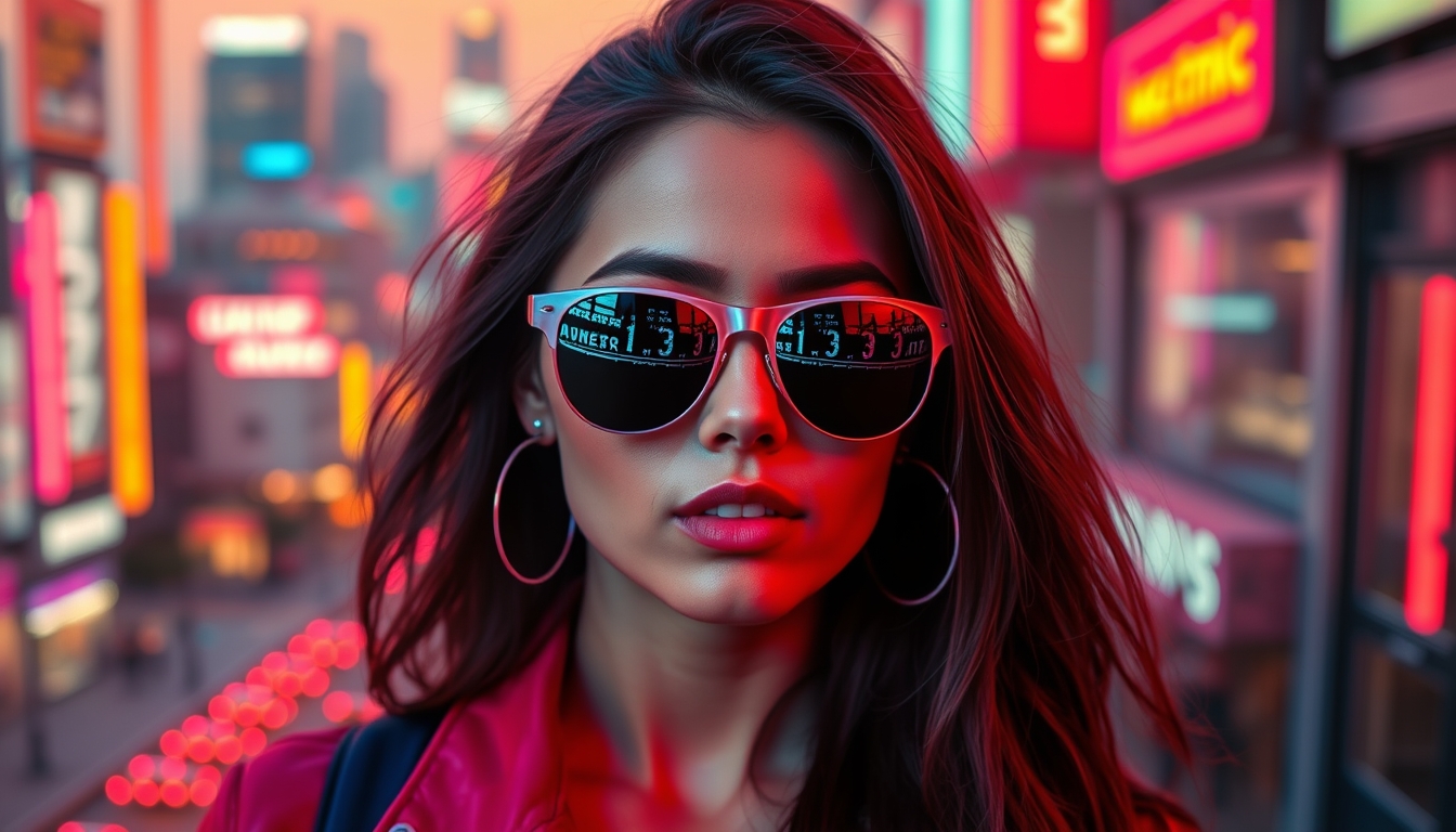 A stylized portrait of a young woman in 80s-inspired fashion, neon lights reflecting off her sunglasses, with a vibrant cityscape in the background.