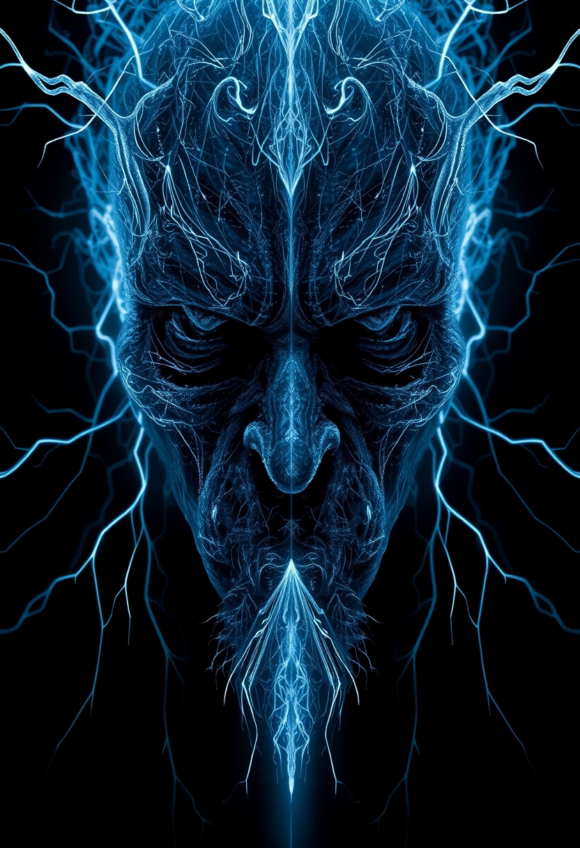 A symmetric portrait of an evil frozen necromancer, face dissolving into thin, luminescent blue lines of frozen magic, hyper-realistic with digital abstraction, intricate details. Shadows elongate, emphasizing depth, despair, and ancient power. - Image