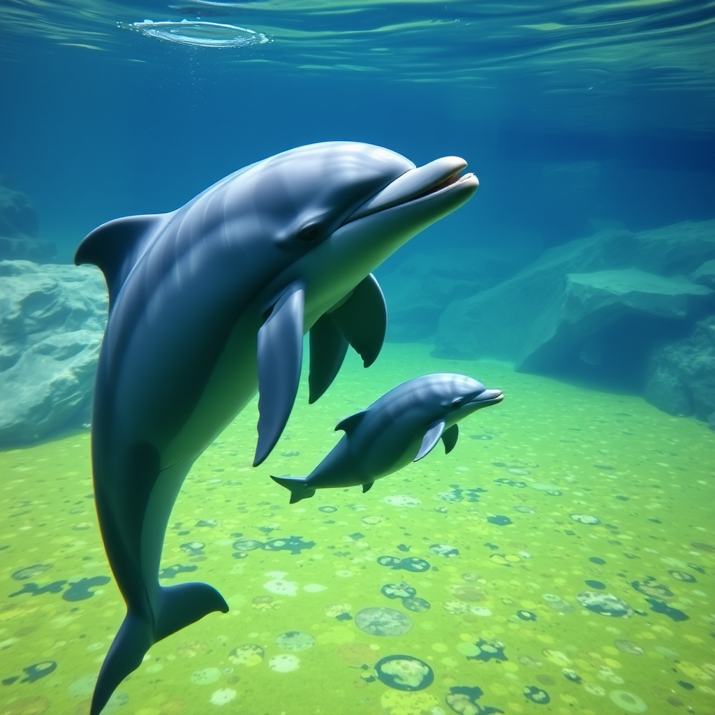 Dolphin and his baby in closed waterpark, algae.