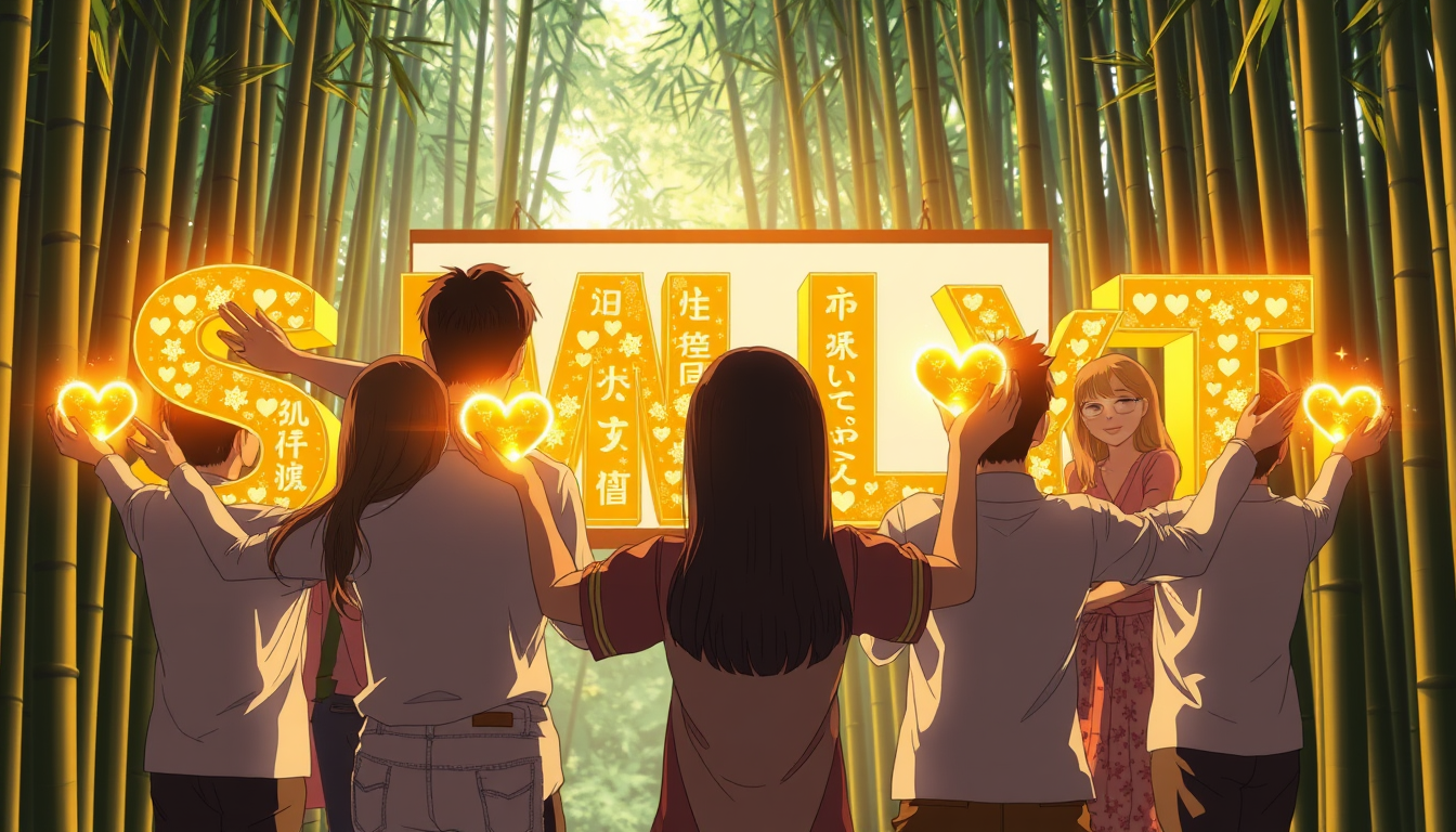 Anime style: A diverse group of Vietnamese people stand together facing a bright screen in a bamboo forest. Their arms are outstretched as glowing hearts and light particles flow from their hands, forming the letters "SMLYT" in a warm, golden hue. The 3D letters appear to be made of solid gold, with intricate engravings that catch and reflect the sunlight filtering through the trees. The edges of the letters emit a soft, pulsating light that interacts with the surrounding environment, casting dynamic shadows on the characters' faces. - Image