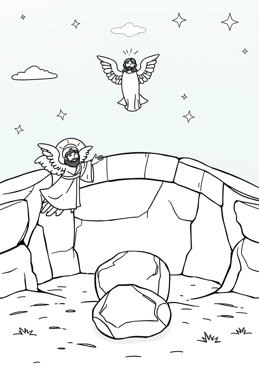 Create an image of the empty tomb with the stone rolled away, and an angel announcing the resurrection of Jesus. A coloring book page, cartoon style, thick lines, low details, no shading.