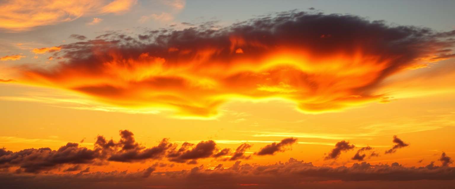 fiery sunset, clouds, high quality, photorealistic, evening sky, reflection, serene