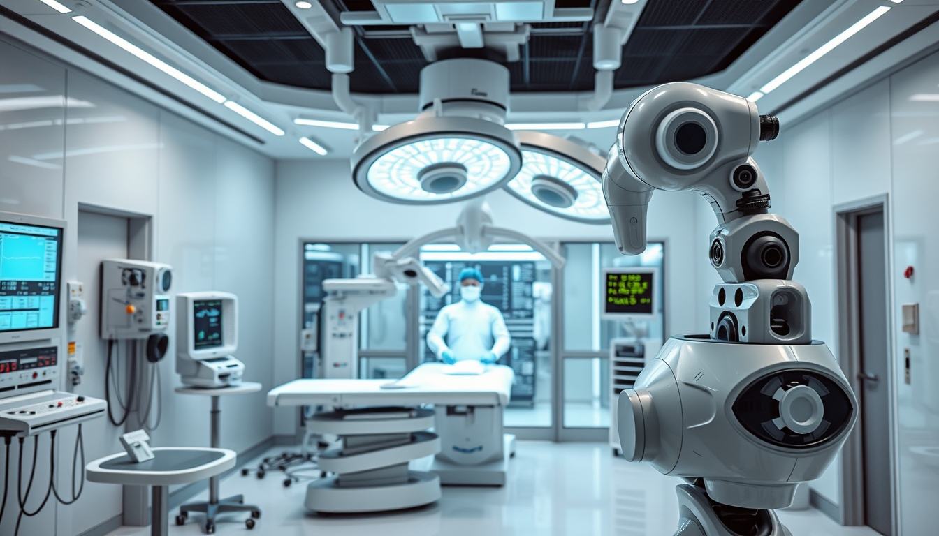 Smart healthcare facility with robotic surgery, depicting tech-driven health.