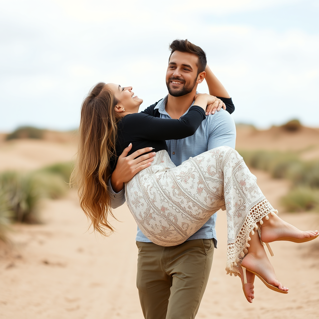 Handsome man lifting women in his arms, pose. - Image