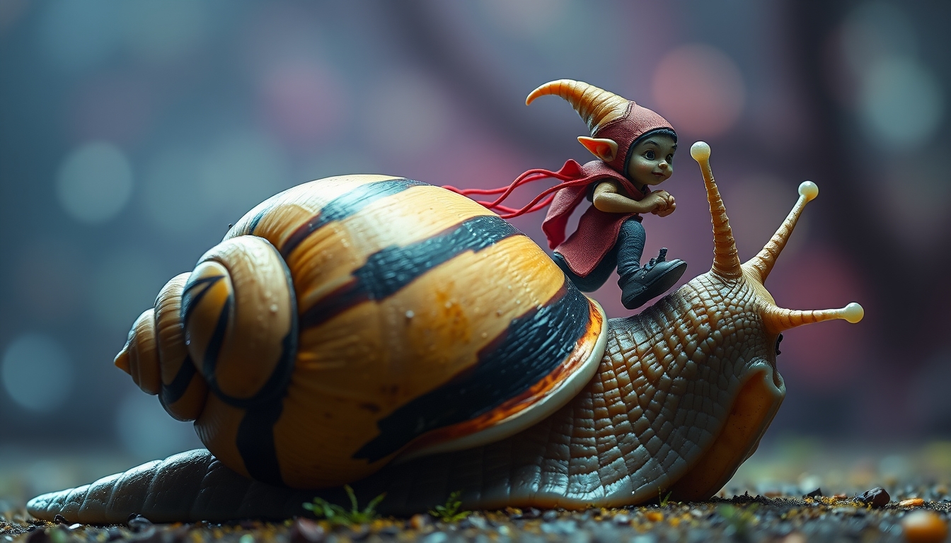 A tiny goblin jockey riding on the back of a giant snail, neon reins, the snail's shell is striped black and yellow, slime trail, neon bokeh, in the style of a fantasy painting.