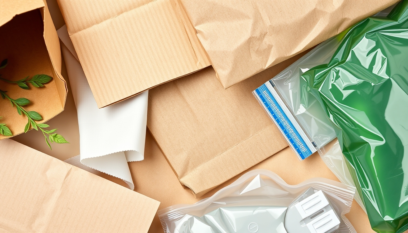 A detailed close-up of sustainable packaging materials, including cardboard, paper, and biodegradable plastics, arranged aesthetically on a neutral background.