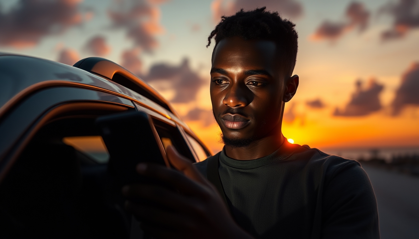 A young black man leaning against his car at sunset in the Bahamas listening to a podcast on his phone. He intensely looks at the phone screen. Dramatic lighting. wide angle view.