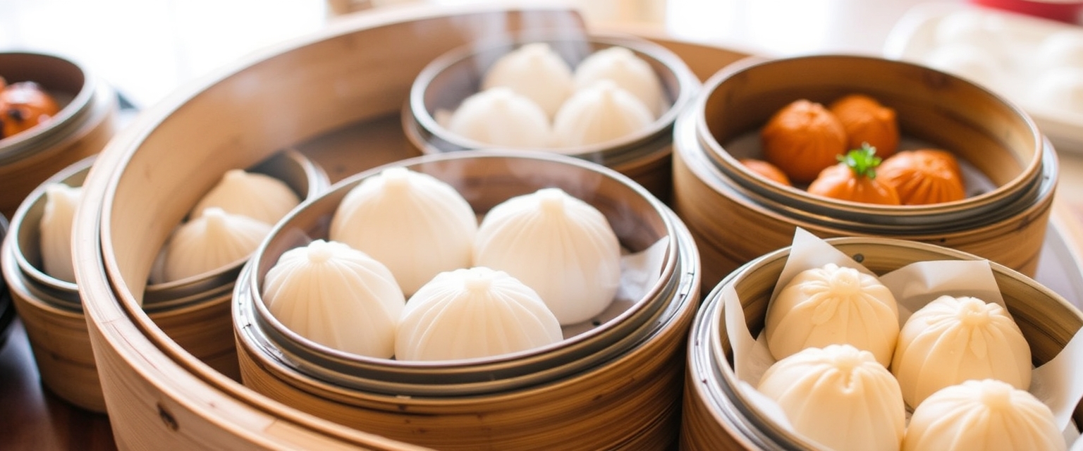 Assorted dim sum dishes in bamboo steamers, highlighting traditional Chinese cuisine.