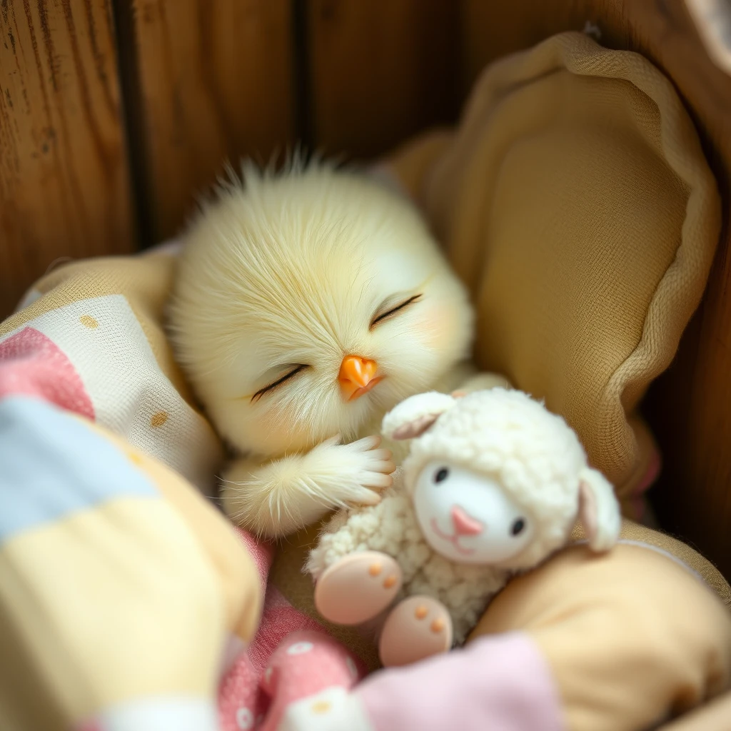 Sweet delicate little kawaii chick with a small rounded beak sleeping in its little bed with patchwork blankets, hugging a tiny cute plush sheep.