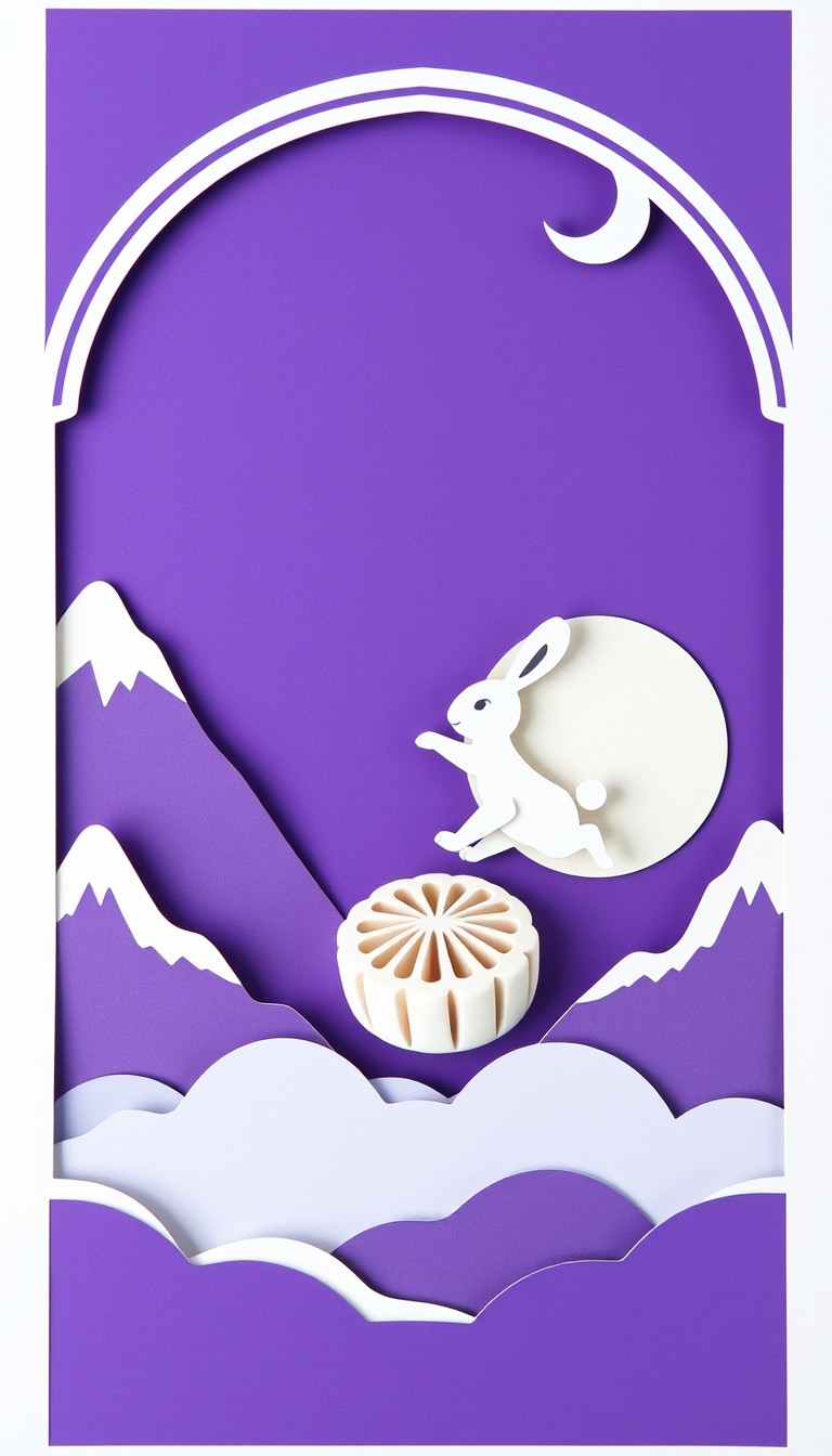 A white rabbit jumping on a mooncake, with a purple background, mountains, and a moon in the sky, in a paper-cut style.