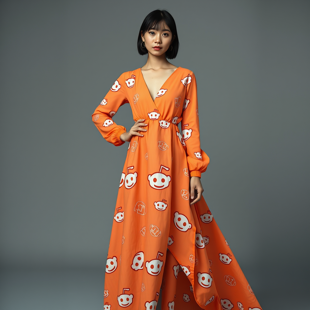 A Japanese model posing in an orange and white cotton V-neck, high-low dress that is low in the front with a train, featuring long sleeves and a Reddit logo pattern, captured in a studio shot, in high fashion photography, in a photograph by Alasdair Mclellan. - Image